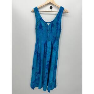Bali Batiks Blue Tie Dye Midi Dress Women Sz S Boho Artisan Resort Coastal Indie